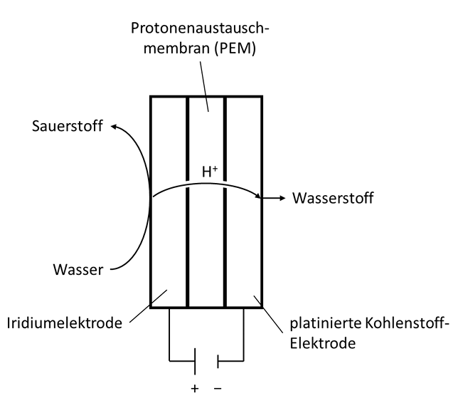 Schematische Darstellung einer PEM-Brennstoffzelle mit Membran, Elektroden, Wasser, Sauerstoff und Wasserstoff